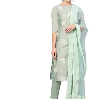 Women's Cotton Blend Straight Embroidered Kurta with Pant & Dupatta