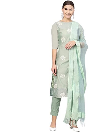 Women's Cotton Blend Straight Embroidered Kurta with Pant & Dupatta