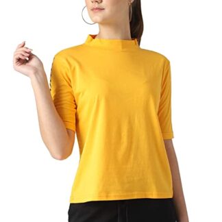 Yellow Solid Cotton High Neck Regular Fit Half Sleeve Womens T-Shirt