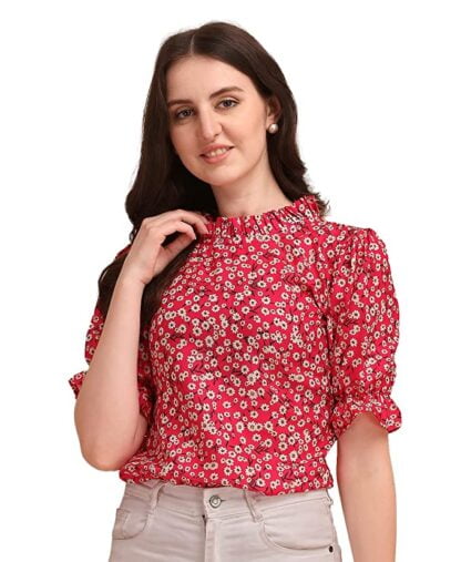 Women's Casual Puff Sleeves Ruffled Collor Foral Top